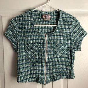 Vintage green and blue smocked plaid zipper top